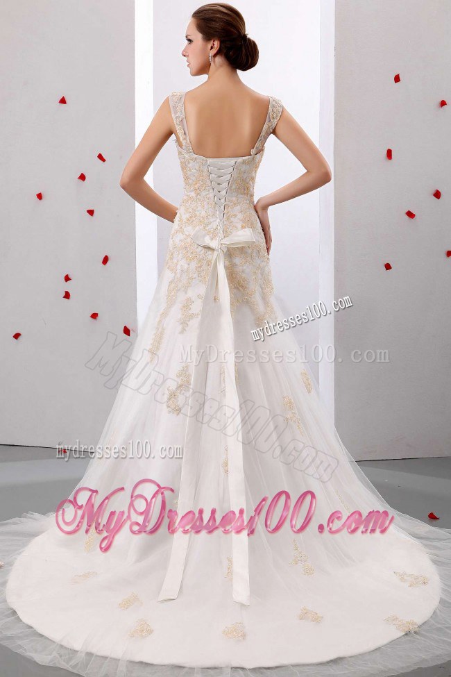 A-line Straps Appliques Decorated Court Train Bridal Dresses for Wedding