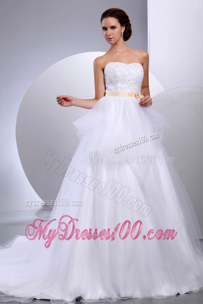Strapless Chapel Train Wedding Gowns with Appliques and Belt in White