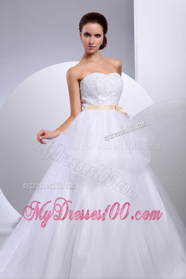 Strapless Chapel Train Wedding Gowns with Appliques and Belt in White