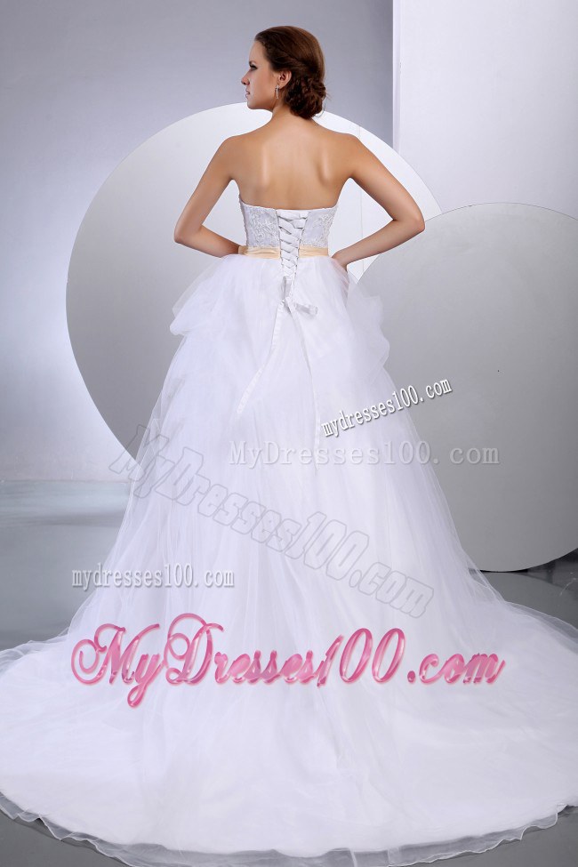 Strapless Chapel Train Wedding Gowns with Appliques and Belt in White