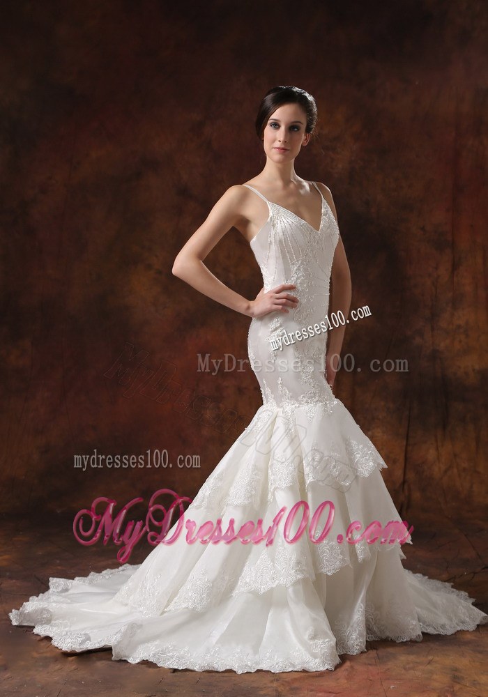 Spaghetti Straps for Mermaid Layered Bridal Dresses for Wedding with Appliques