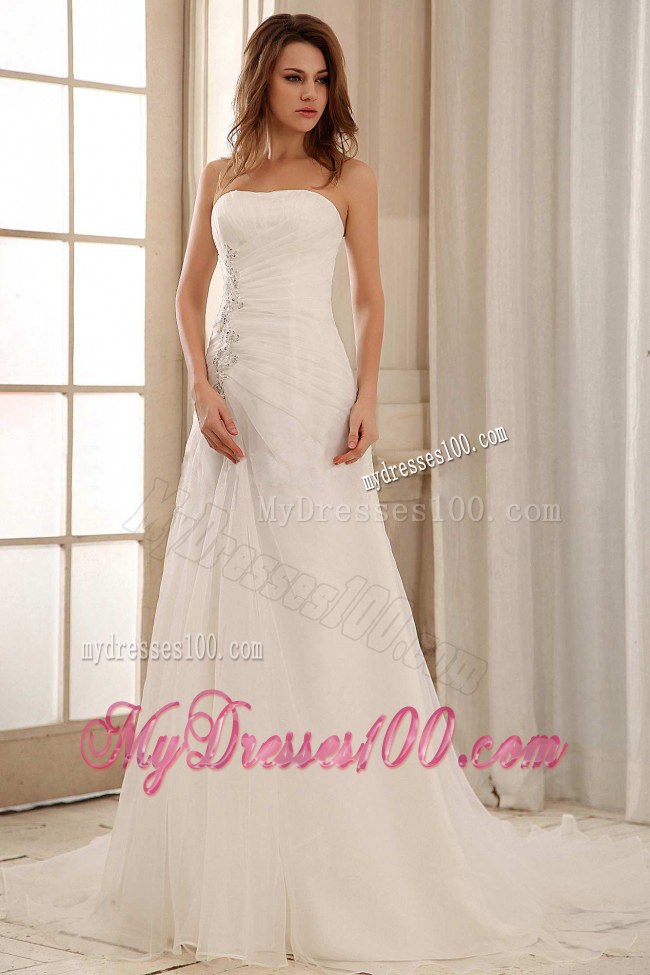 Strapless A-line Court Train White Bridal Dress with Ruche and Applique