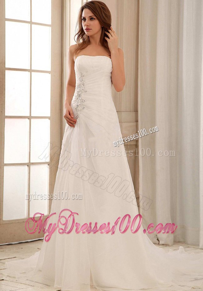 Strapless A-line Court Train White Bridal Dress with Ruche and Applique