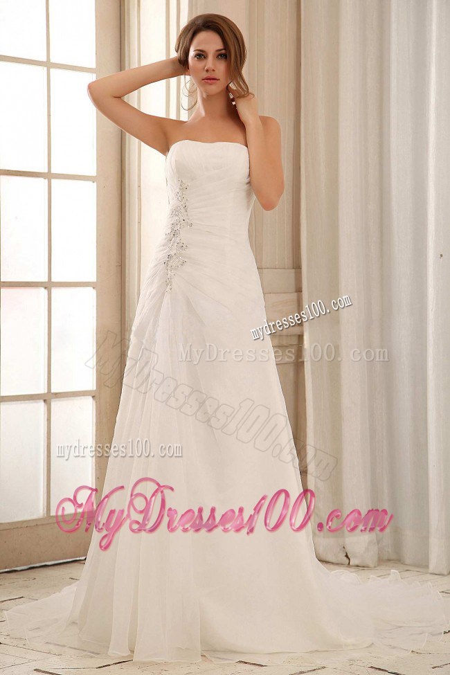 Strapless A-line Court Train White Bridal Dress with Ruche and Applique