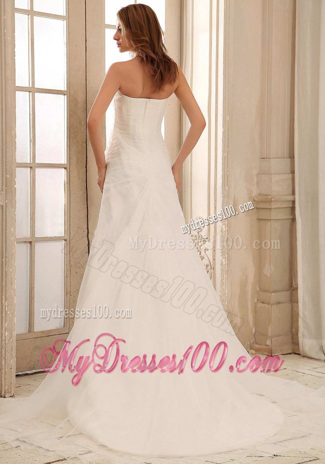 Strapless A-line Court Train White Bridal Dress with Ruche and Applique