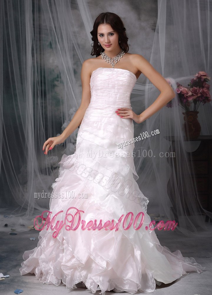 Strapless Princess Brush Train Ruched Wedding Gown in Baby Pink