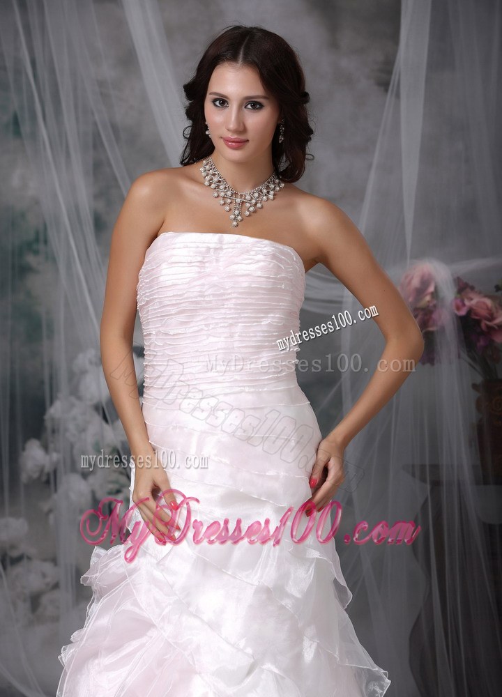 Strapless Princess Brush Train Ruched Wedding Gown in Baby Pink