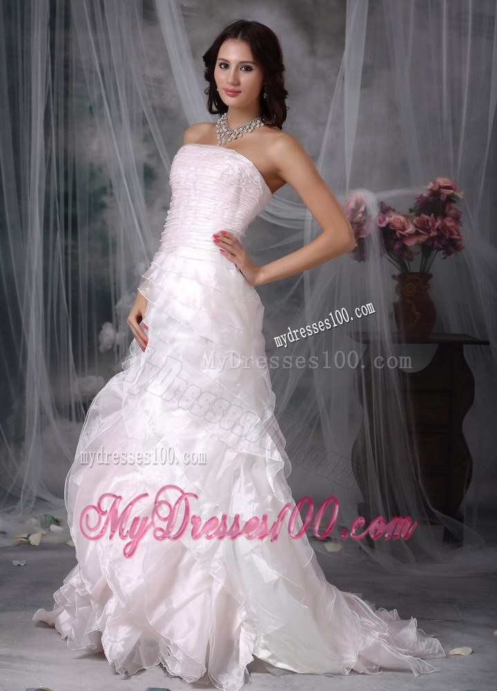 Strapless Princess Brush Train Ruched Wedding Gown in Baby Pink