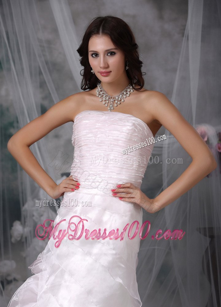 Strapless Princess Brush Train Ruched Wedding Gown in Baby Pink