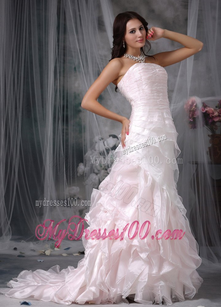 Strapless Princess Brush Train Ruched Wedding Gown in Baby Pink