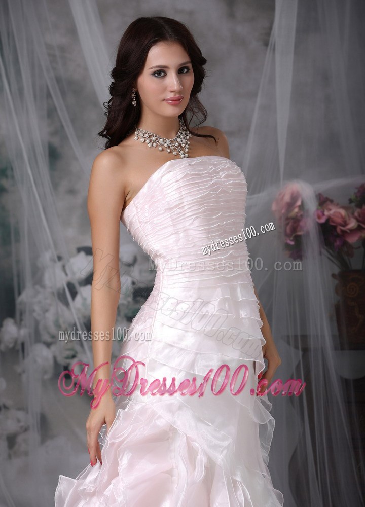 Strapless Princess Brush Train Ruched Wedding Gown in Baby Pink