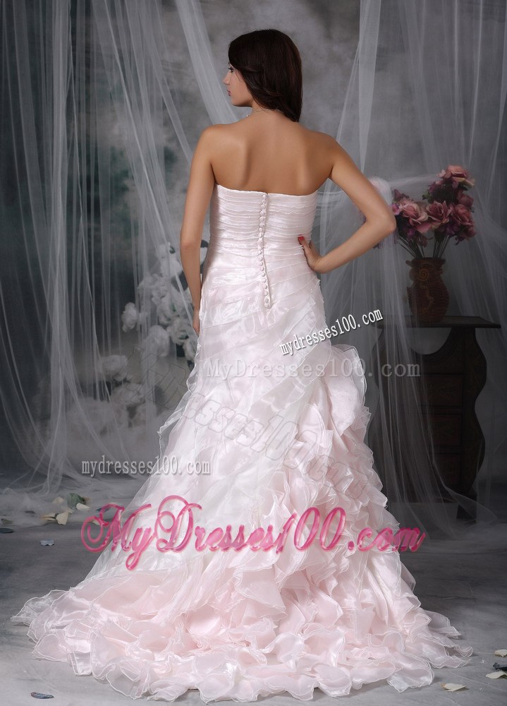 Strapless Princess Brush Train Ruched Wedding Gown in Baby Pink