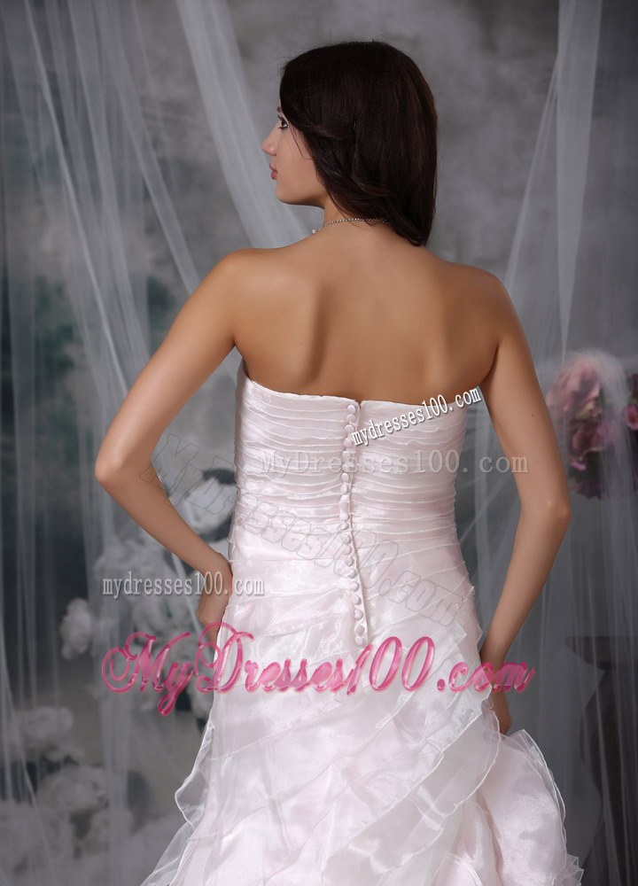 Strapless Princess Brush Train Ruched Wedding Gown in Baby Pink