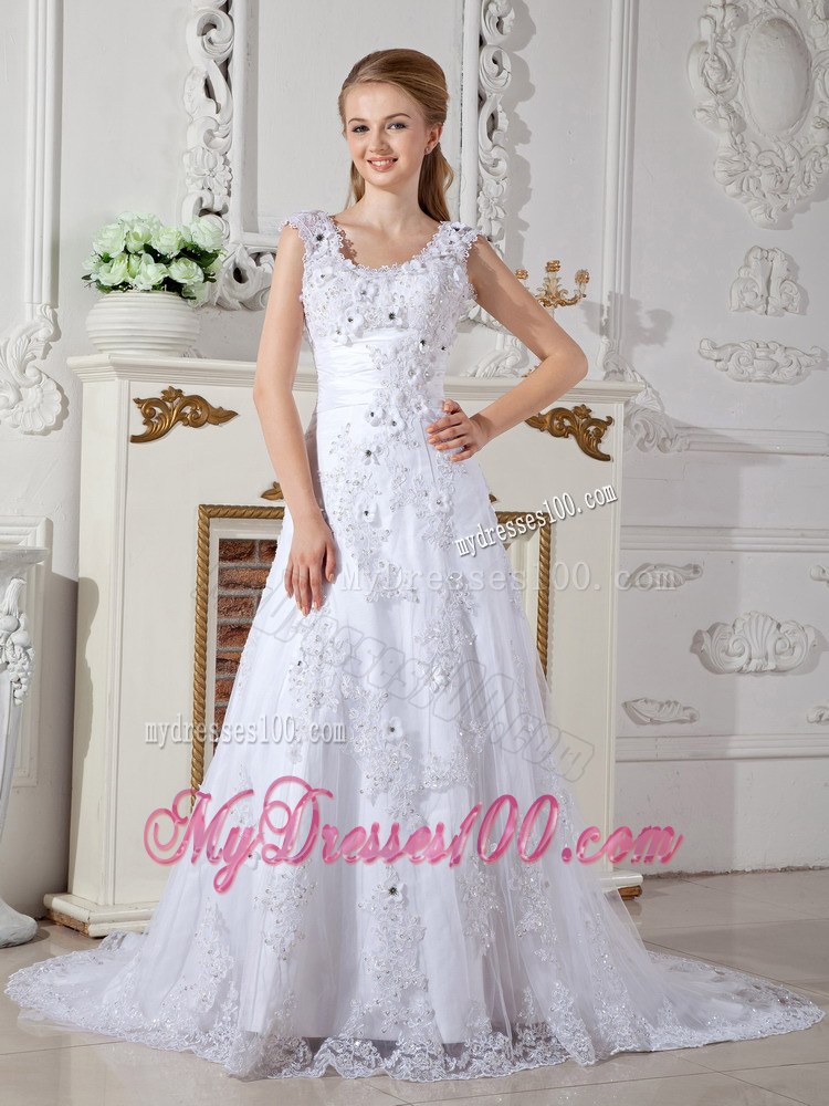 A-line Scoop Court Train Lace Bridal Dress for Wedding with Appliques