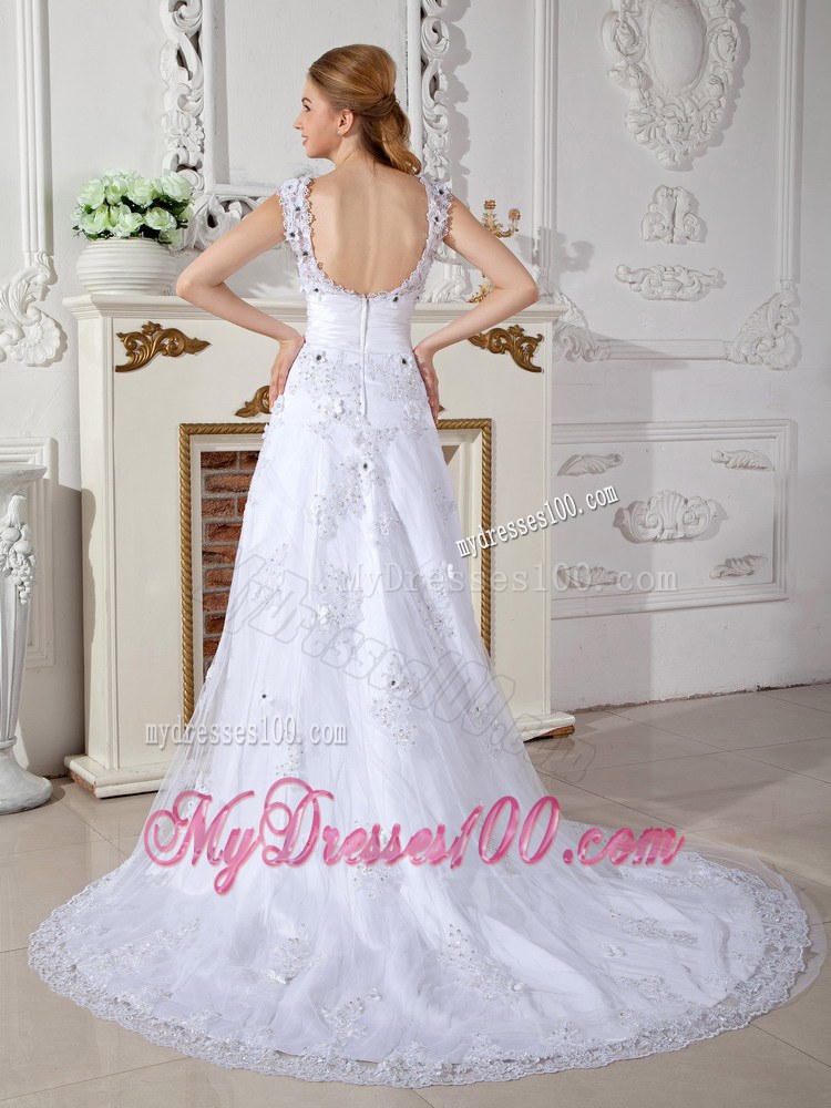 A-line Scoop Court Train Lace Bridal Dress for Wedding with Appliques