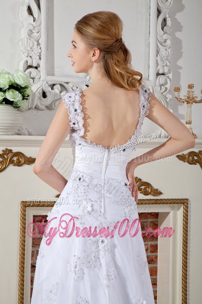 A-line Scoop Court Train Lace Bridal Dress for Wedding with Appliques