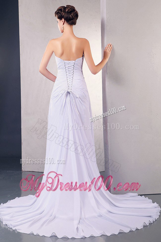 Strapless Sweetheart Court Train Bridal Dress with Appliques and Ruching