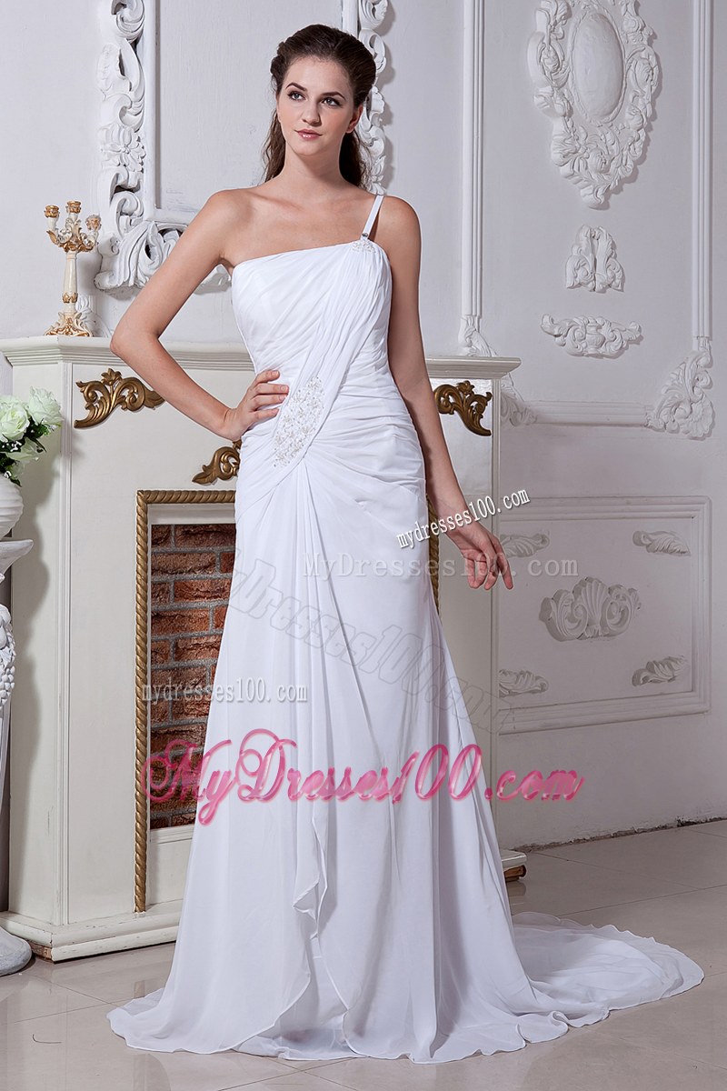High-class Column Watteau Train One Shoulder White Dress for Brides