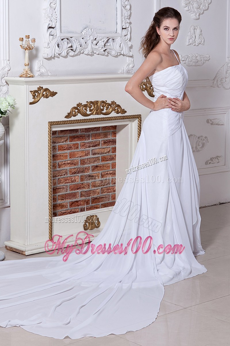 High-class Column Watteau Train One Shoulder White Dress for Brides