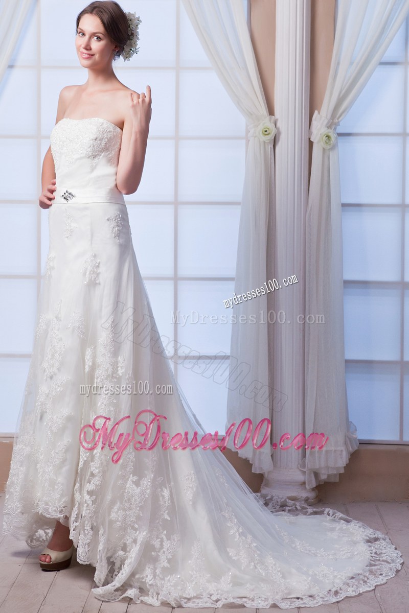 Pretty Brand New Strapless Court Train Lace White Dress for Wedding
