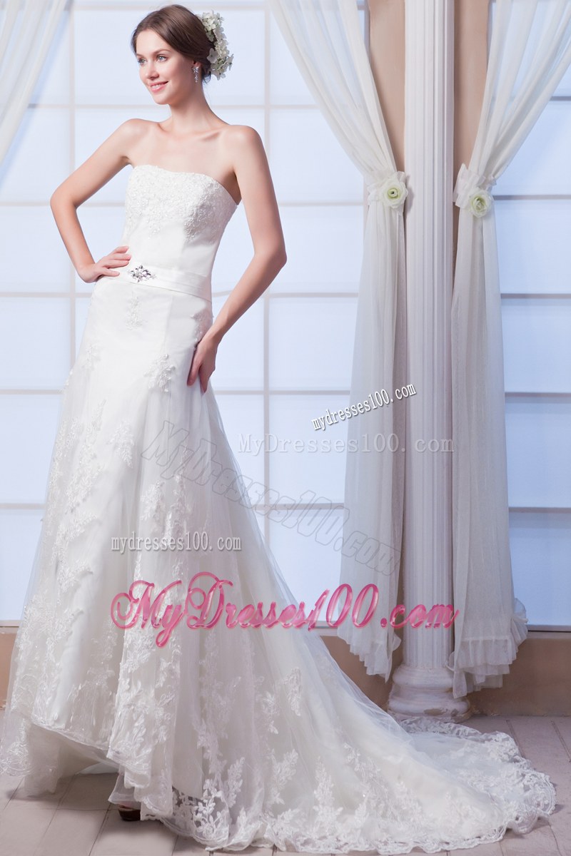 Pretty Brand New Strapless Court Train Lace White Dress for Wedding