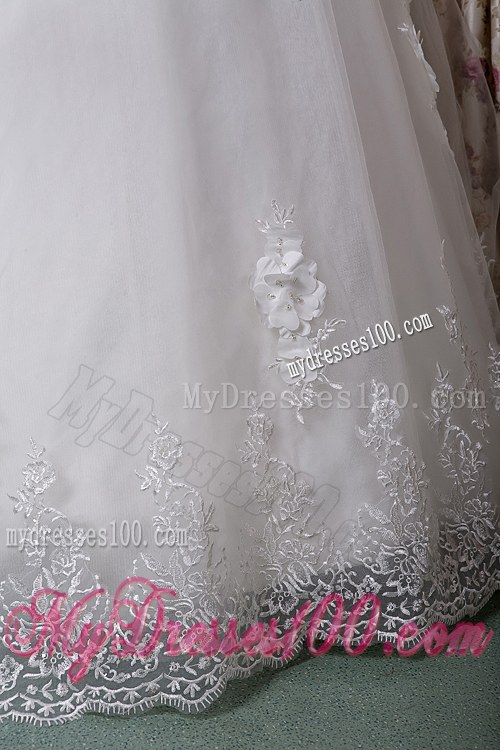 Ruching and Handle Flowers and Appliques Bridal Dresses with Lace Hemline