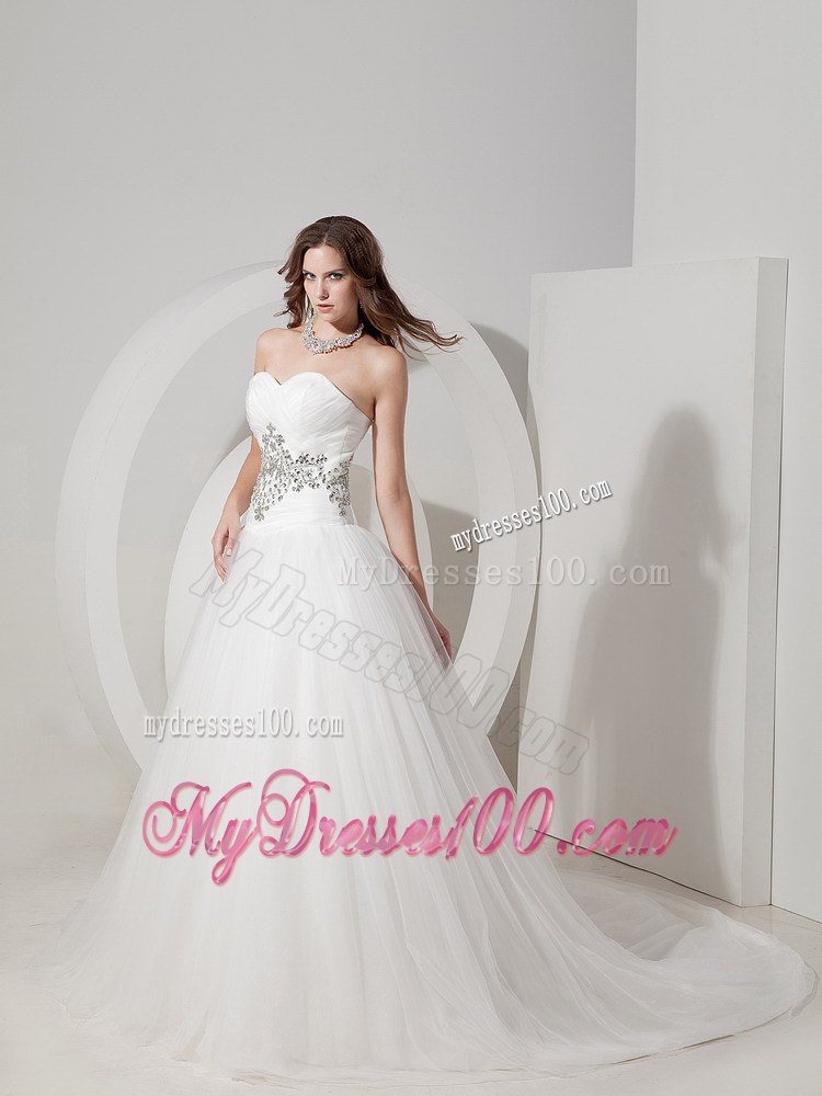 Beautiful Appliques Strapless Beaded White Wedding Dress Chapel Train