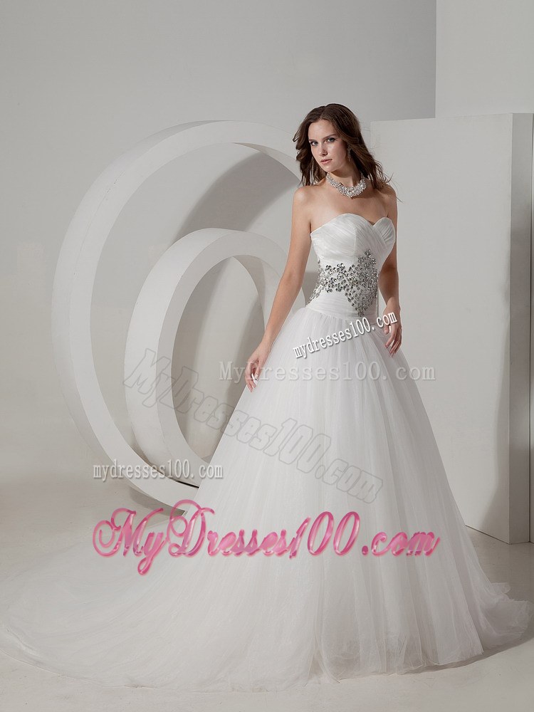 Beautiful Appliques Strapless Beaded White Wedding Dress Chapel Train