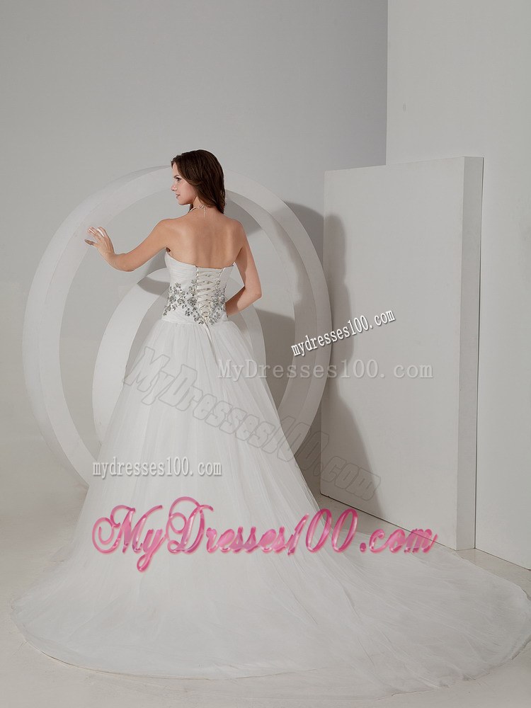 Beautiful Appliques Strapless Beaded White Wedding Dress Chapel Train