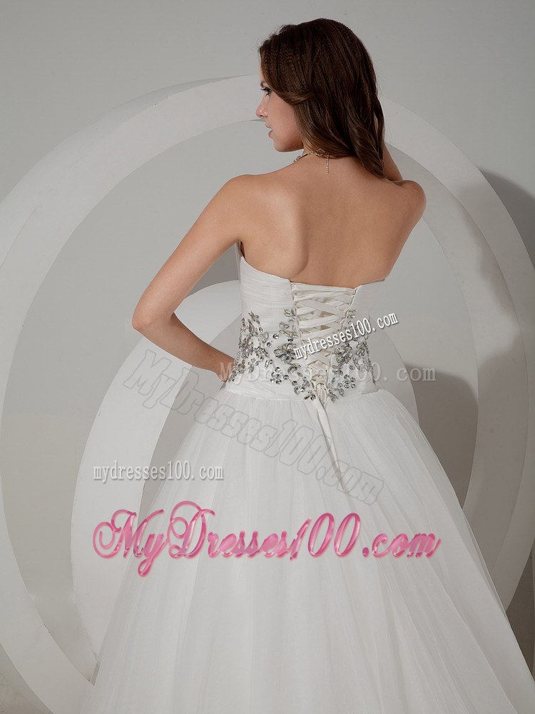 Beautiful Appliques Strapless Beaded White Wedding Dress Chapel Train
