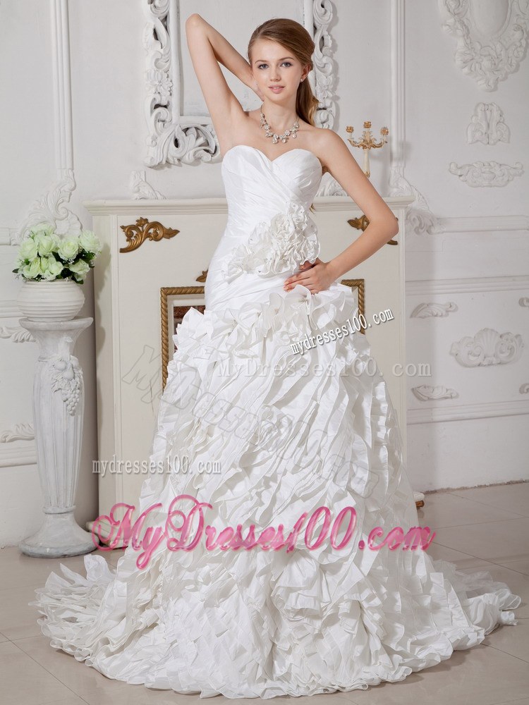 Hand-Made Flowers Accent on Court Train A-line Wedding Dresses