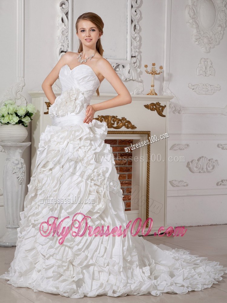 Hand-Made Flowers Accent on Court Train A-line Wedding Dresses