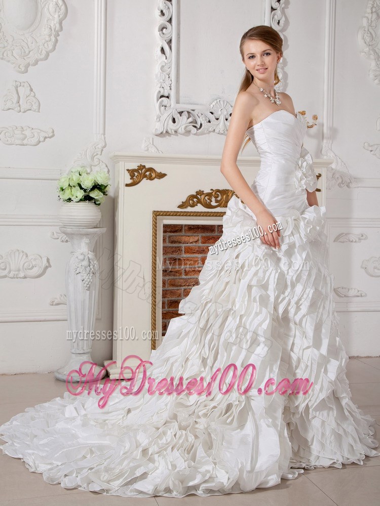 Hand-Made Flowers Accent on Court Train A-line Wedding Dresses