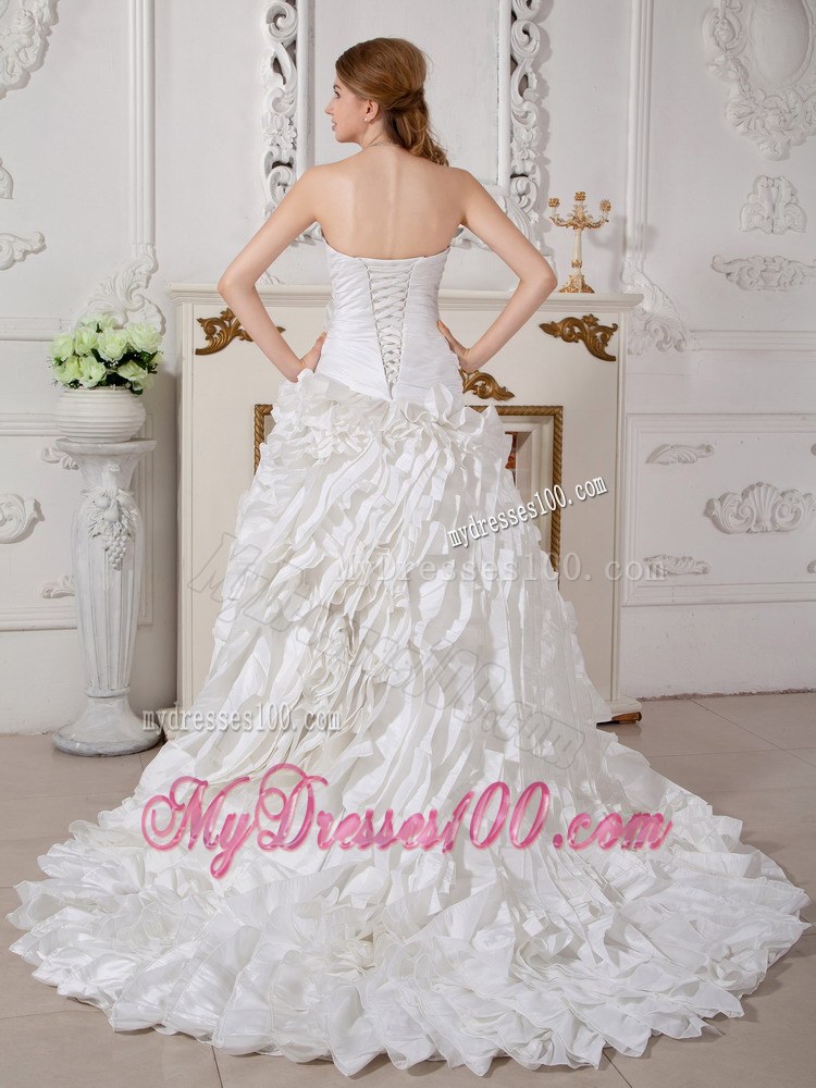 Hand-Made Flowers Accent on Court Train A-line Wedding Dresses