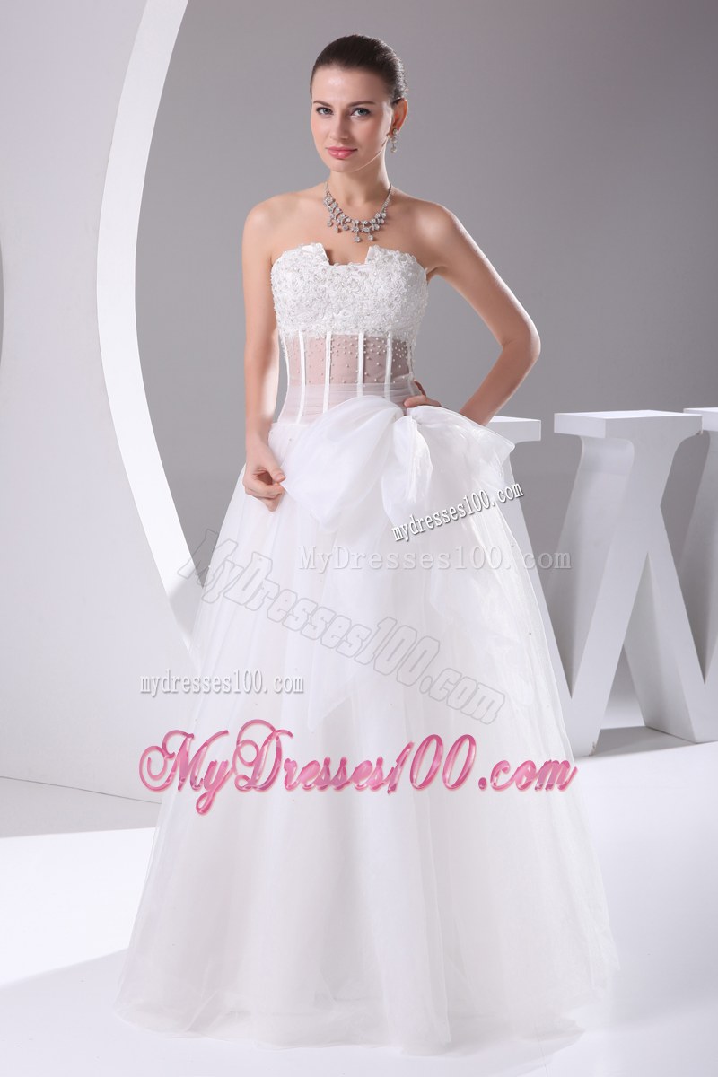 Beading Appliques Wedding Bridal Gown with Sheer Waist and A Big Bowknot