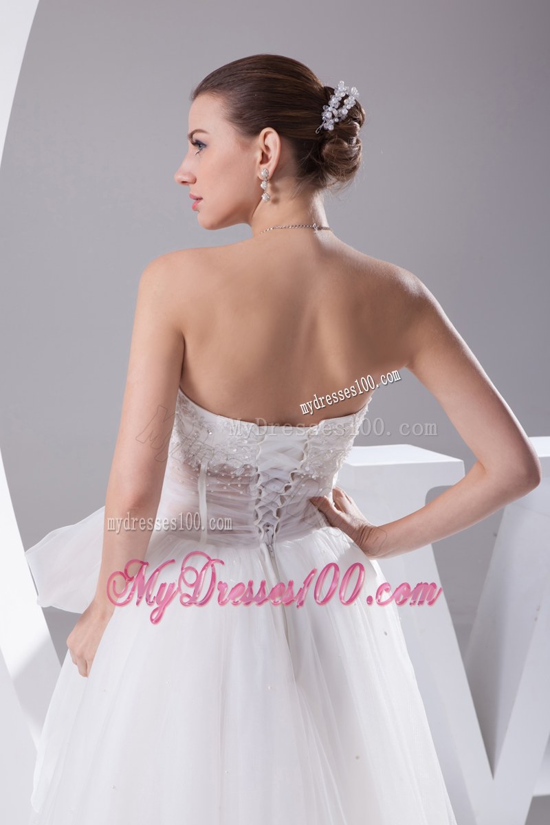 Beading Appliques Wedding Bridal Gown with Sheer Waist and A Big Bowknot