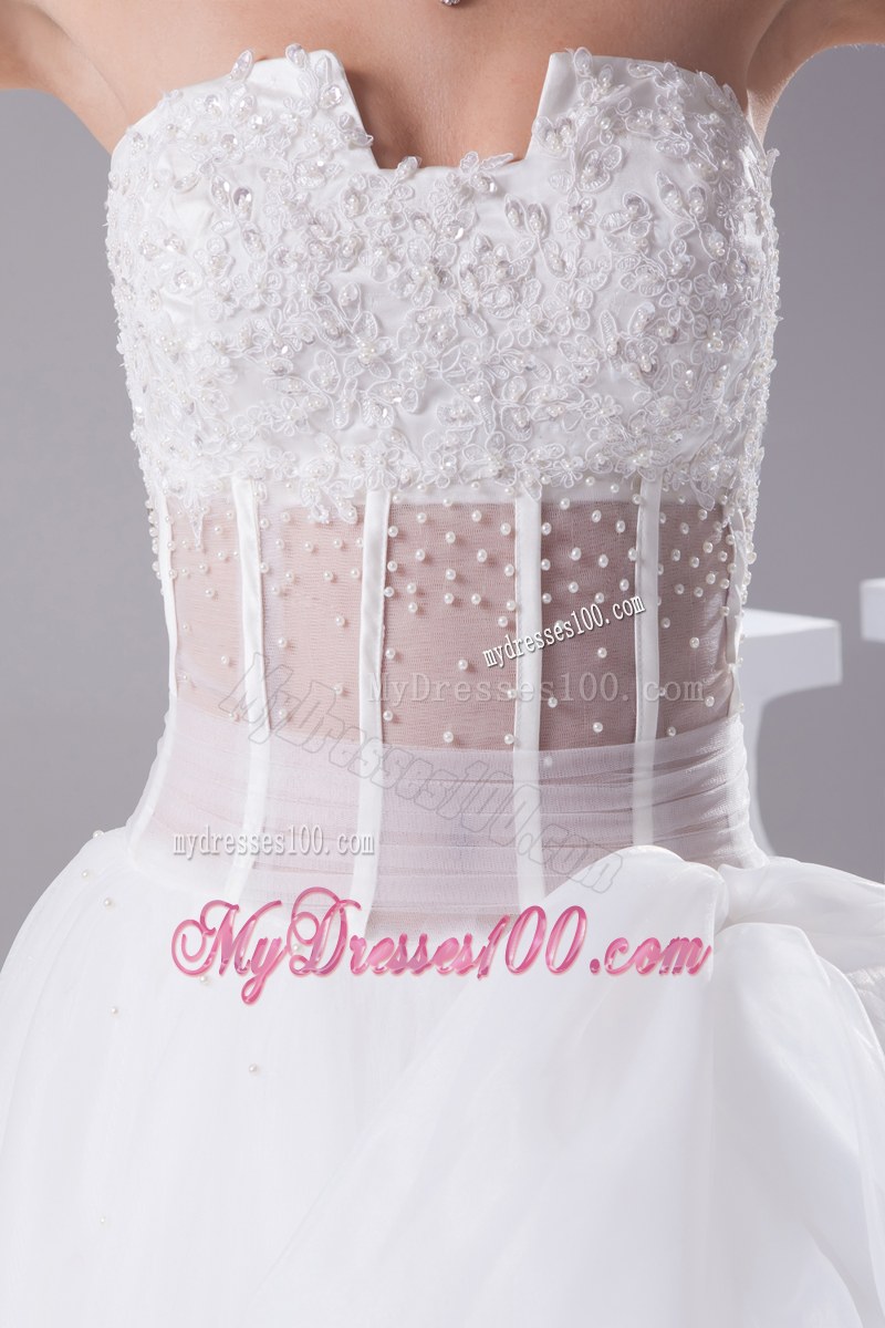 Beading Appliques Wedding Bridal Gown with Sheer Waist and A Big Bowknot