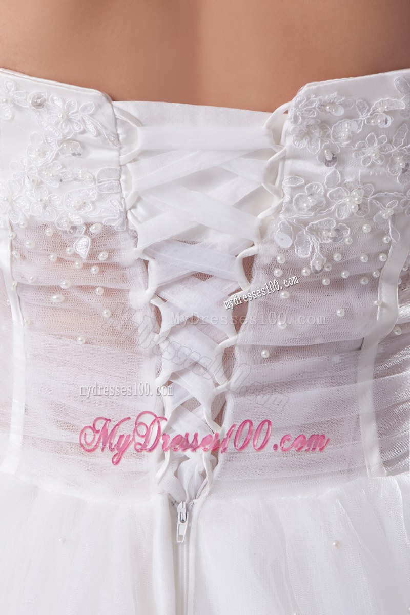 Beading Appliques Wedding Bridal Gown with Sheer Waist and A Big Bowknot