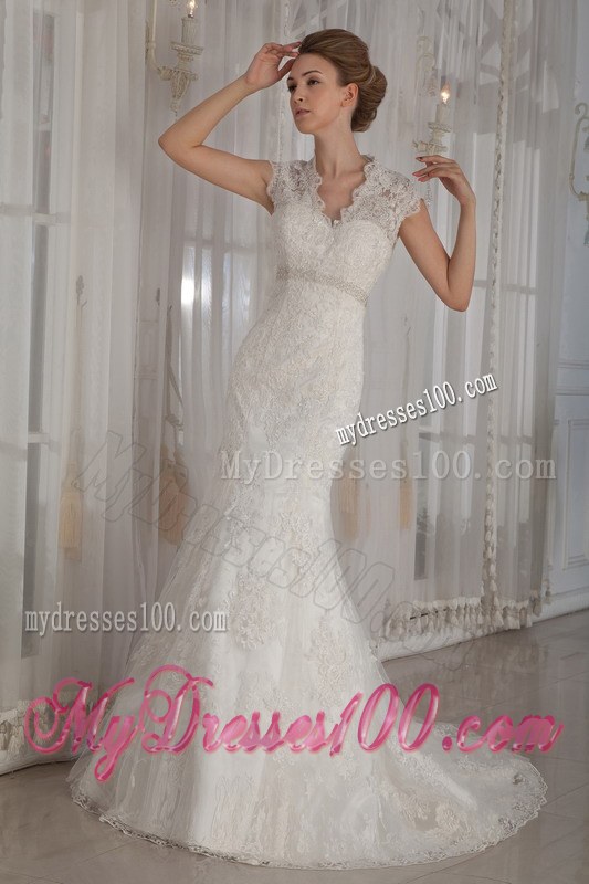 V-neck Sleeveless Lace Mermaid Bridal Dress in White Court Train