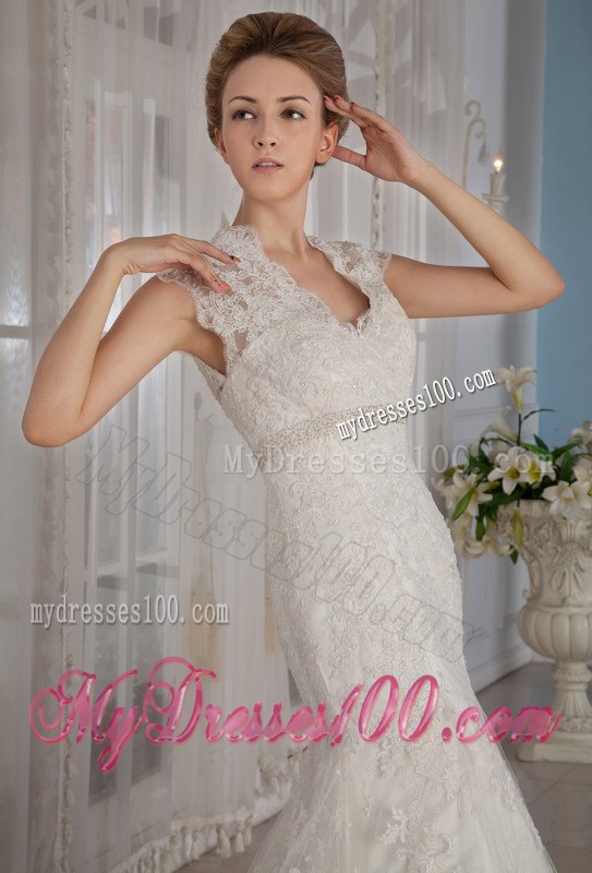 V-neck Sleeveless Lace Mermaid Bridal Dress in White Court Train