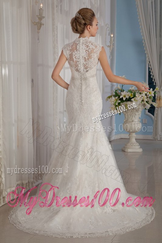 V-neck Sleeveless Lace Mermaid Bridal Dress in White Court Train
