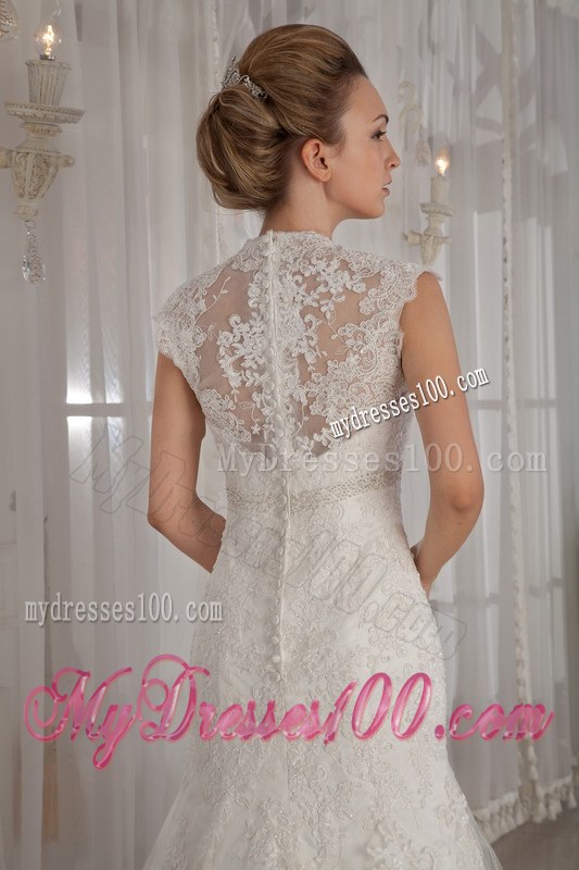 V-neck Sleeveless Lace Mermaid Bridal Dress in White Court Train