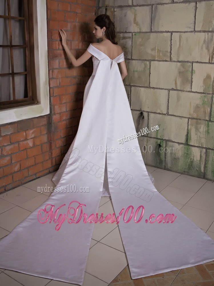 Watteau Train Off-the-shoulder White Bridal Dress with Appliques