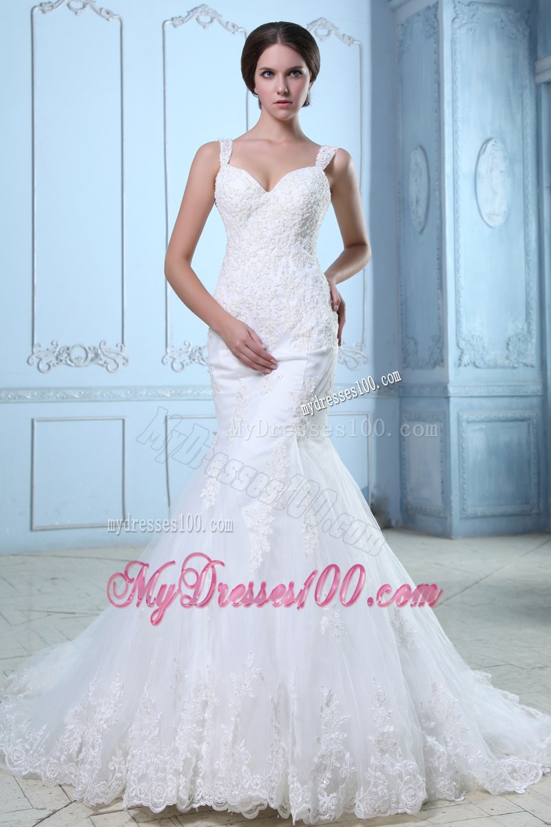 Straps Mermaid Brush Train Wedding Dresses with Lace Flowers Hemline