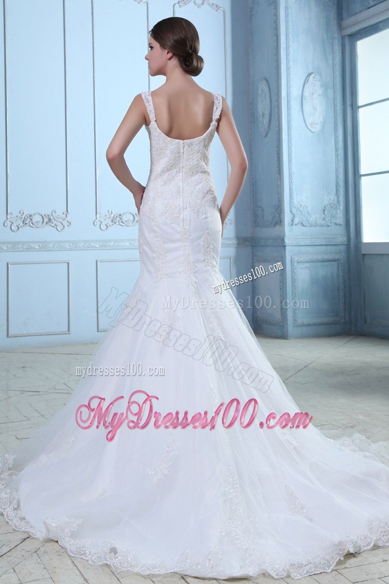 Straps Mermaid Brush Train Wedding Dresses with Lace Flowers Hemline