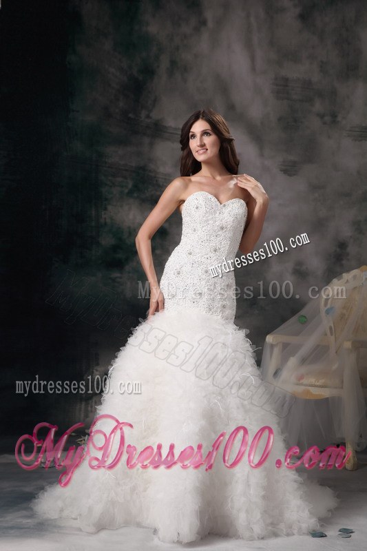 Romantic Sweetheart Beaded Fitted Chapel Train Wedding Dress in White