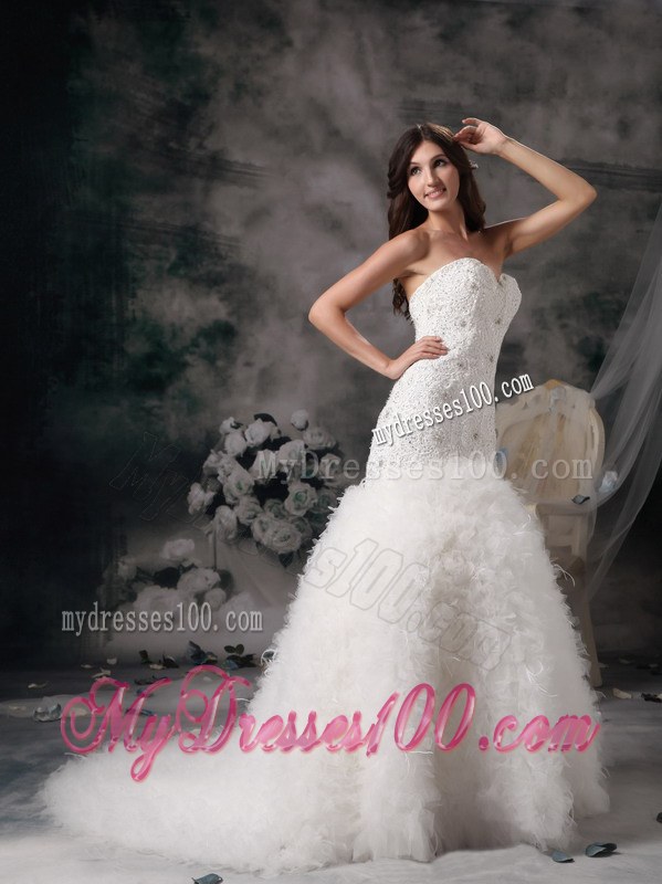 Romantic Sweetheart Beaded Fitted Chapel Train Wedding Dress in White