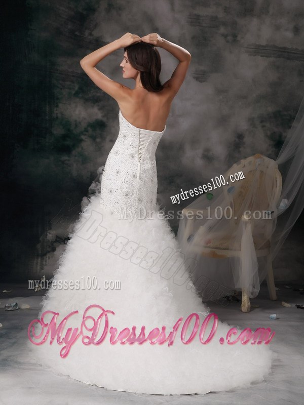 Romantic Sweetheart Beaded Fitted Chapel Train Wedding Dress in White