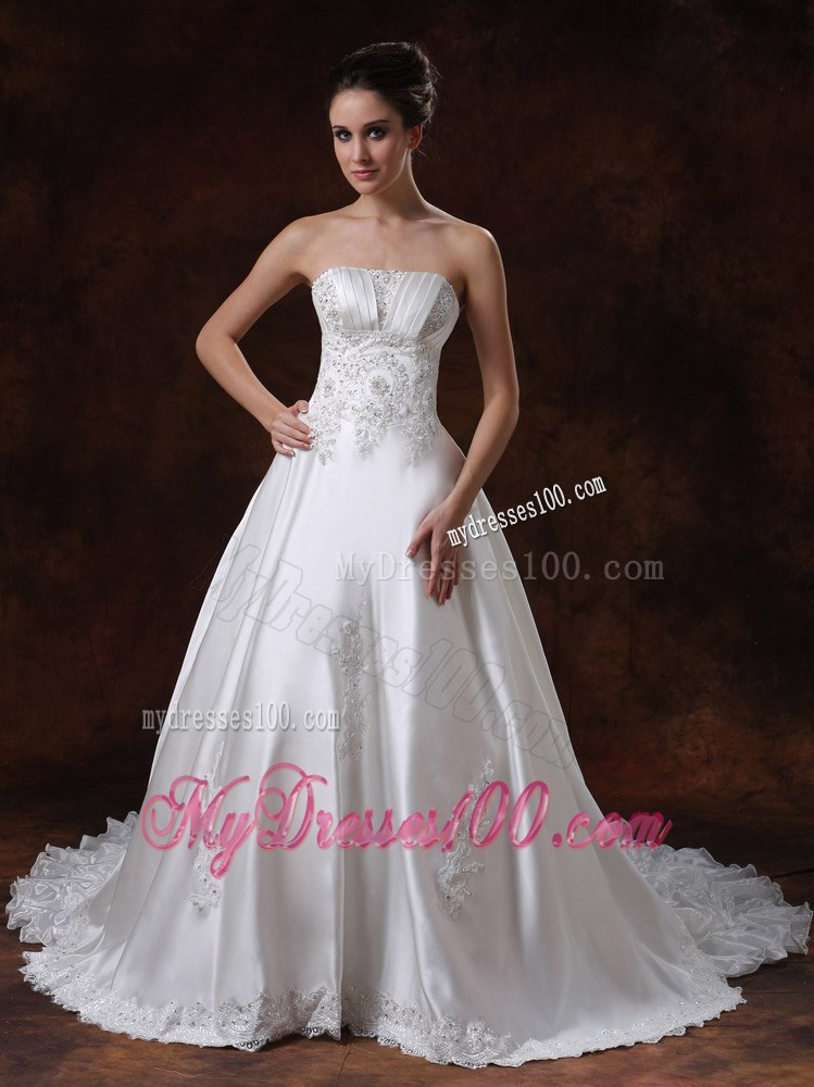 Strapless Beading Decorated Chapel Train Taffeta bridal Dresses for Wedding