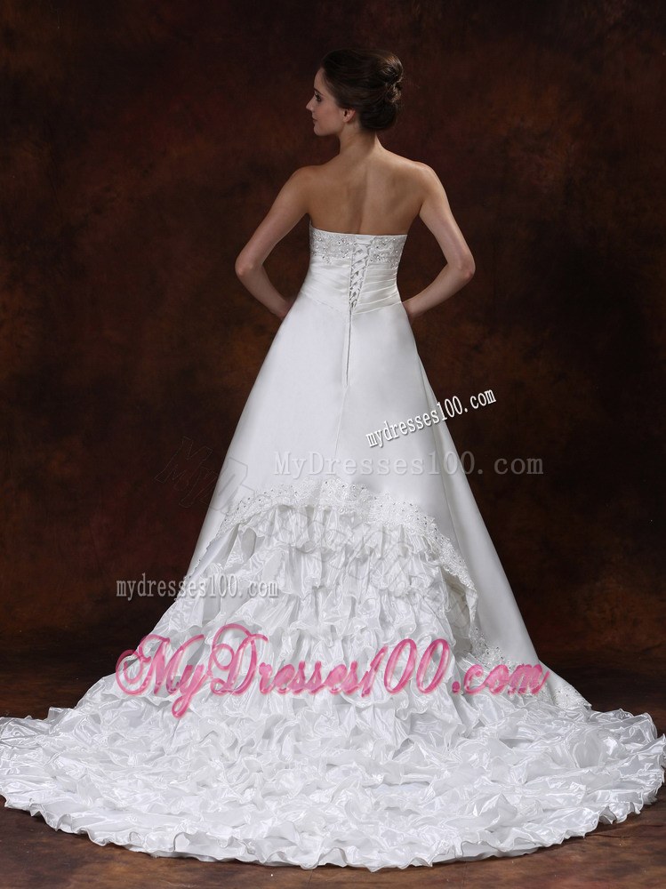 Strapless Beading Decorated Chapel Train Taffeta bridal Dresses for Wedding